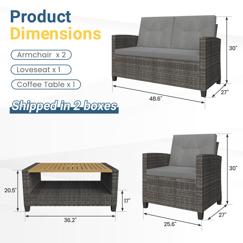 4-Person Rattan Patio Furniture Set, Outdoor Conversation Set With Cushions For Seating, Gray Cushion/Gray Frame