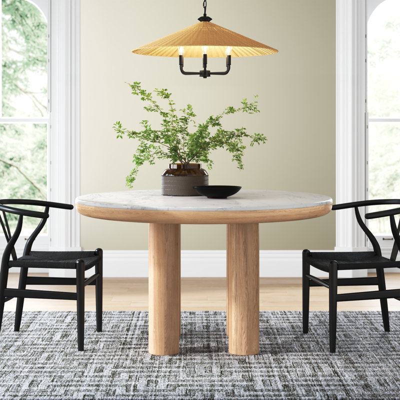 Round White Marble Top Dining Table with Solid Wood Base