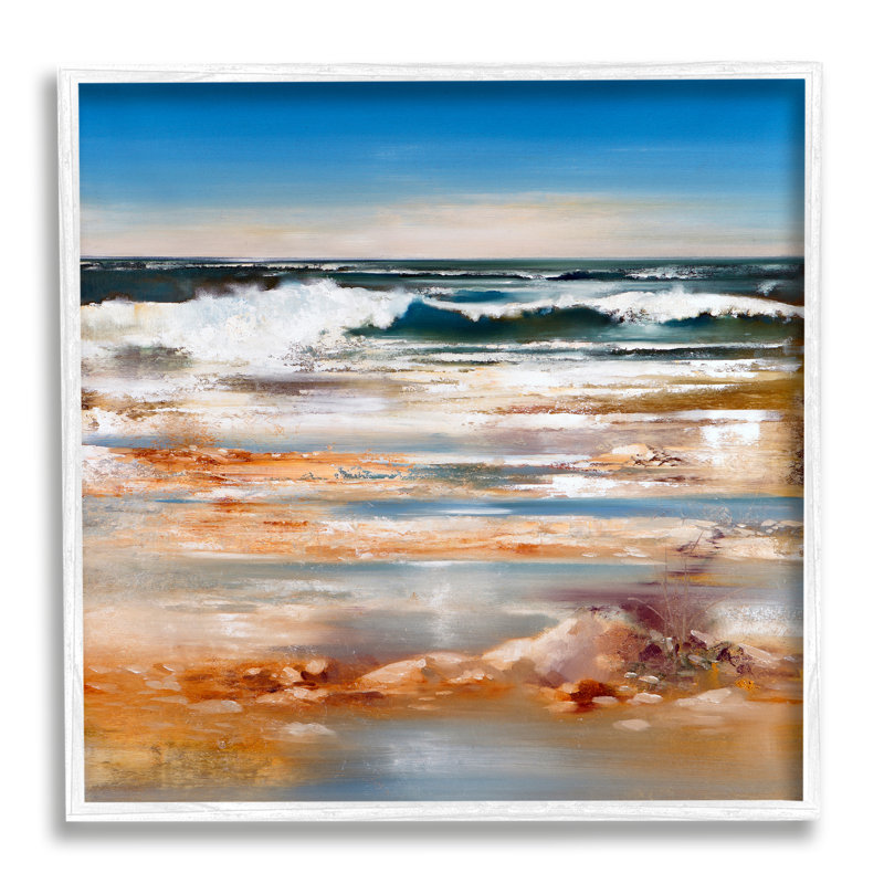«Rolling Waves Abstract Shore» par Ron Di Scenza, H 24 po x l 24 po x P 1,5 po, Giclée encadrée blanc bord de mer