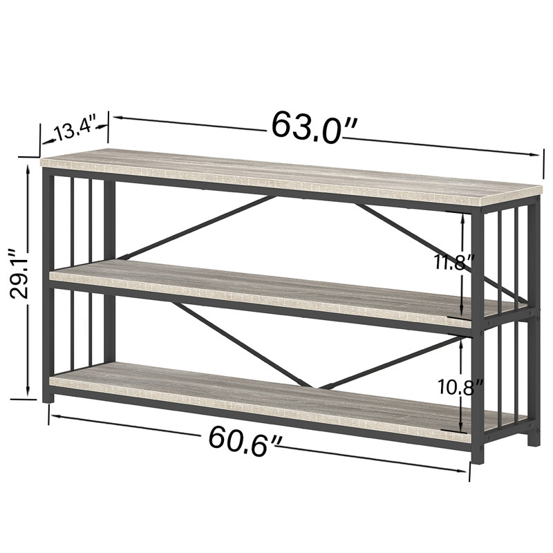 Horizontal Bookshelf, 63" Modern Cube Storage Organizer BookcaseWide Bookshelves, Industrial Long Wood Metal Book Shelf, Low Cube Shelf for Office Home Bedroom Living Room