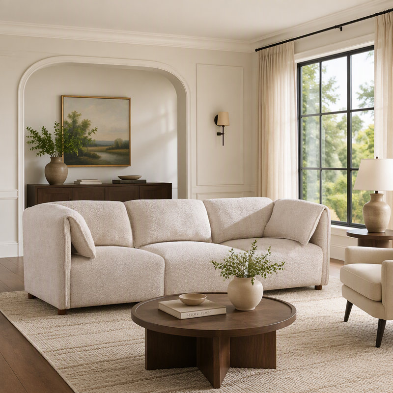 Canapé d'angle modulaire en tissu bouclé, avec configuration flexible et coussins profonds, idéal pour les espaces de vie modernes.