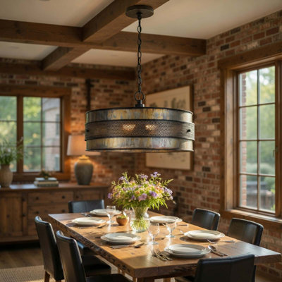 3 Light Chandelier, Industrial Drum Design, Aged Bronze Patina, 20 Inch
