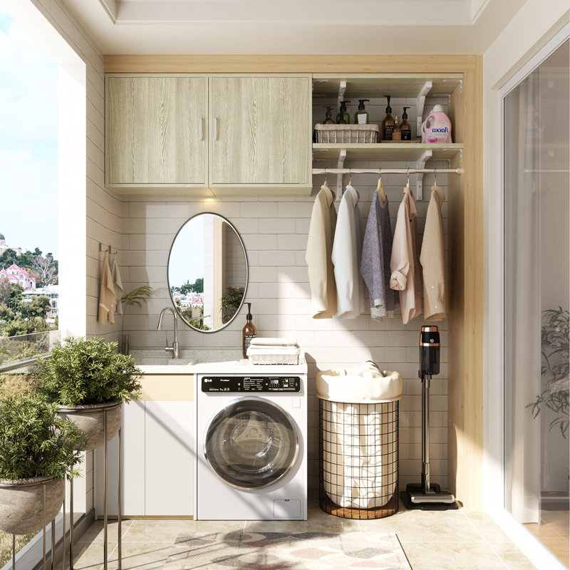 65''W Laundry Cabinet With 2 Doors & Shelves, Reversible Build-In Medicine Cabinet With Shelf Towers, Washed Oak