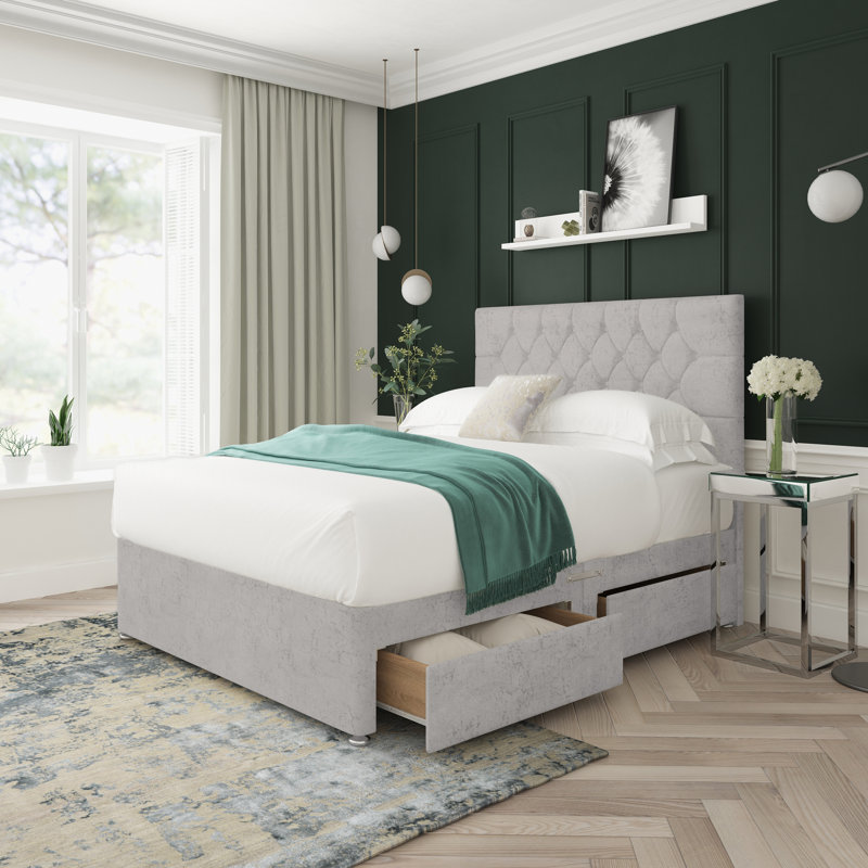 Upholstered Bed, Right Side Drawers, Platinum, Super King (6')