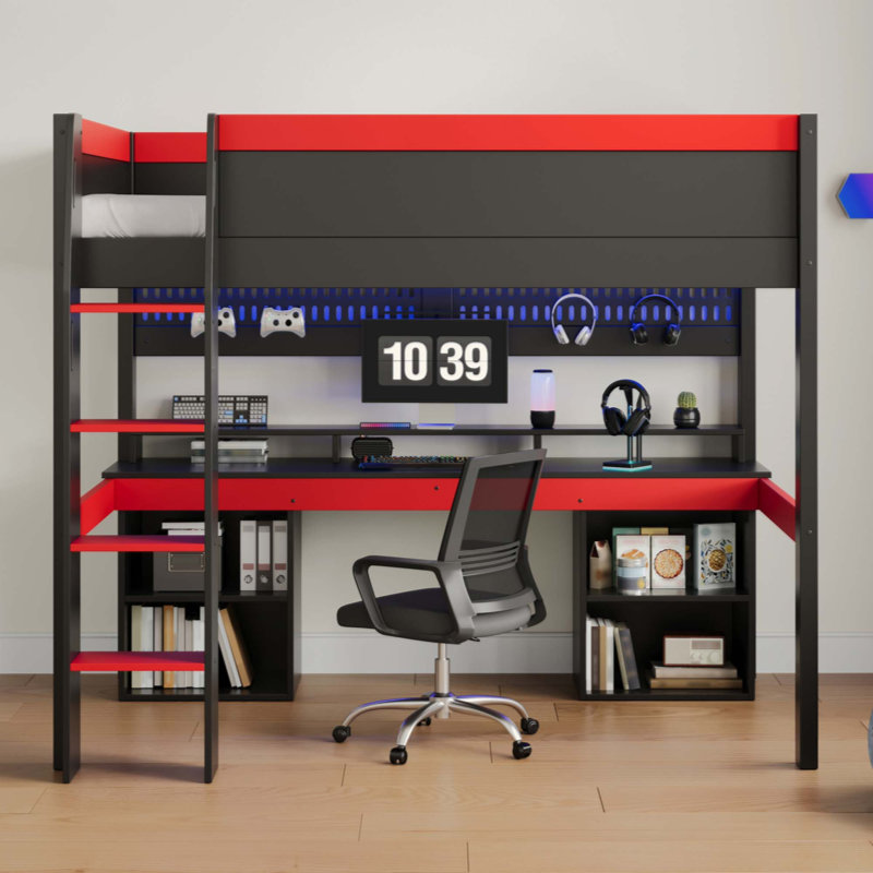 Lit mezzanine avec lumières DEL multicolores, panneau perforé suspendu et rangement de bureau de jeu intégré, Black+Red
