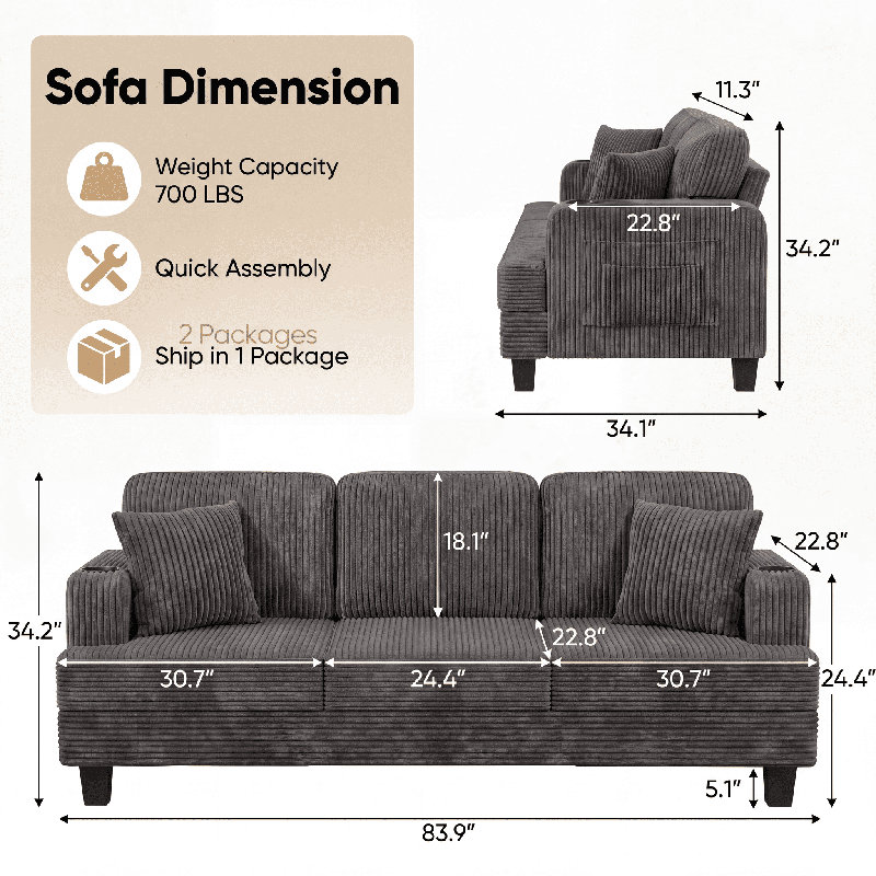 84" Corduroy Sofa Couch With 3 Seats, Upholstered Sofa With Square Armrests For Living Room Apartment, Gray