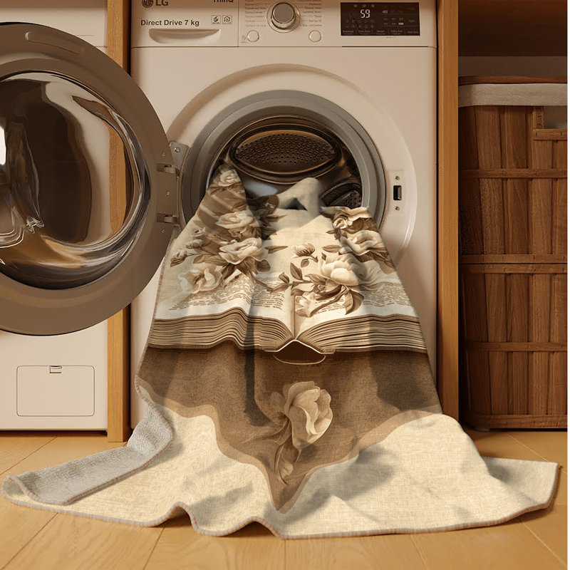 Tapis beige classique à motif de livres ouverts lavable à la machine Parnika, 4x6