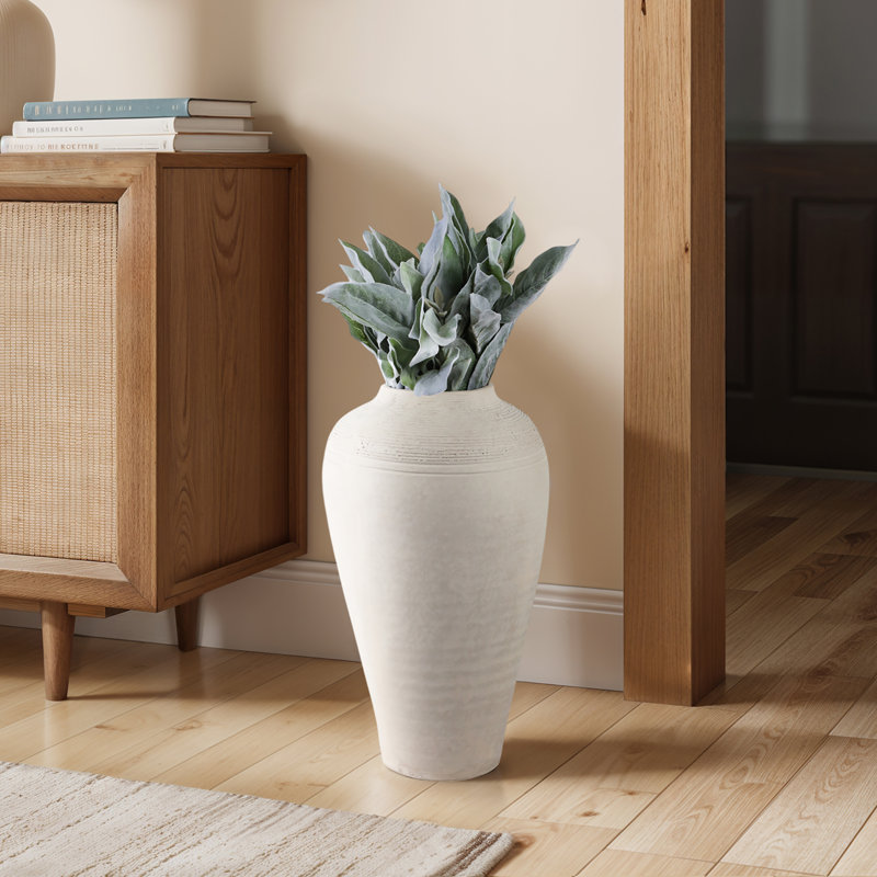 Vases Pottery Terracotta Handcrafted Design With Textured Rim And Tapered Body For Contemporary Versatile Decor, Ivory