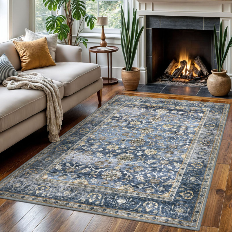 Area Rug Machine Washable Rug Oriental Indoor Rugs with Non-Slip Backing, Rectangle 4' x 6', Blue/Gray/Beige