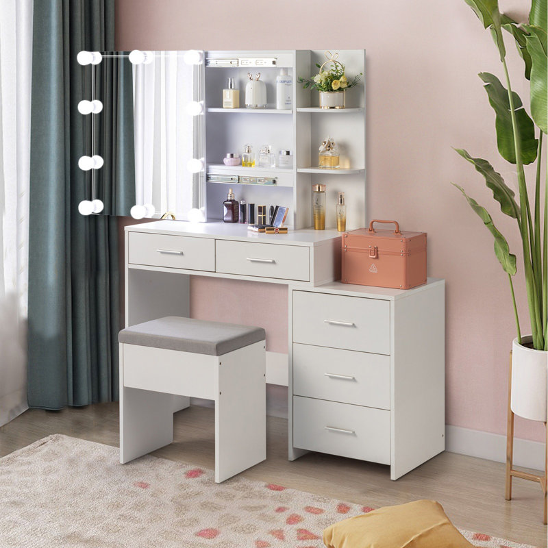 Ensemble de coiffeuse blanche avec tabouret - Placage de particules de triamine, 5 tiroirs + 2 tablettes + armoire à miroir, 3 lumières à intensité variable, poignées en métal