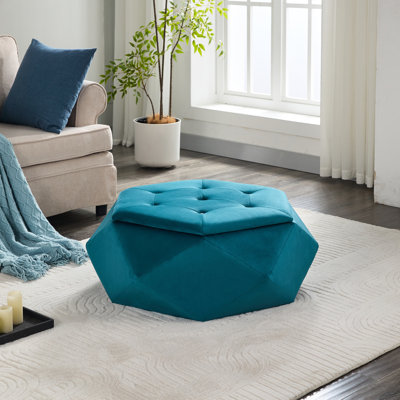 Velours bleu multifonction Polygon Diamond, repose-pieds, sièges et rangement, L 34 po x l 30,5 po, H 13,5 po, convient pour un élégant dortoir avec espace de rangement pour repose-pieds, 34 pouces de long, 30,5 de large, 13,5 de haut