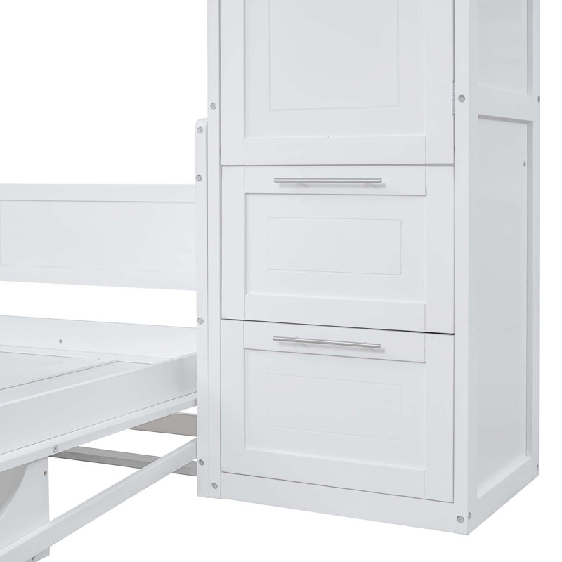 Lit escamotable double avec placard et tiroirs, Blanc
