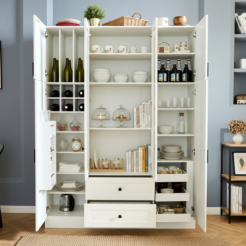 Large Kitchen Pantry With Pull-Out Trays & Wine Rack, White