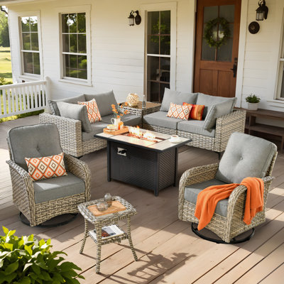 Tommy Outdoor Wicker 6 Person Seating Group With Cushions With Rocking And Swivel Chairs