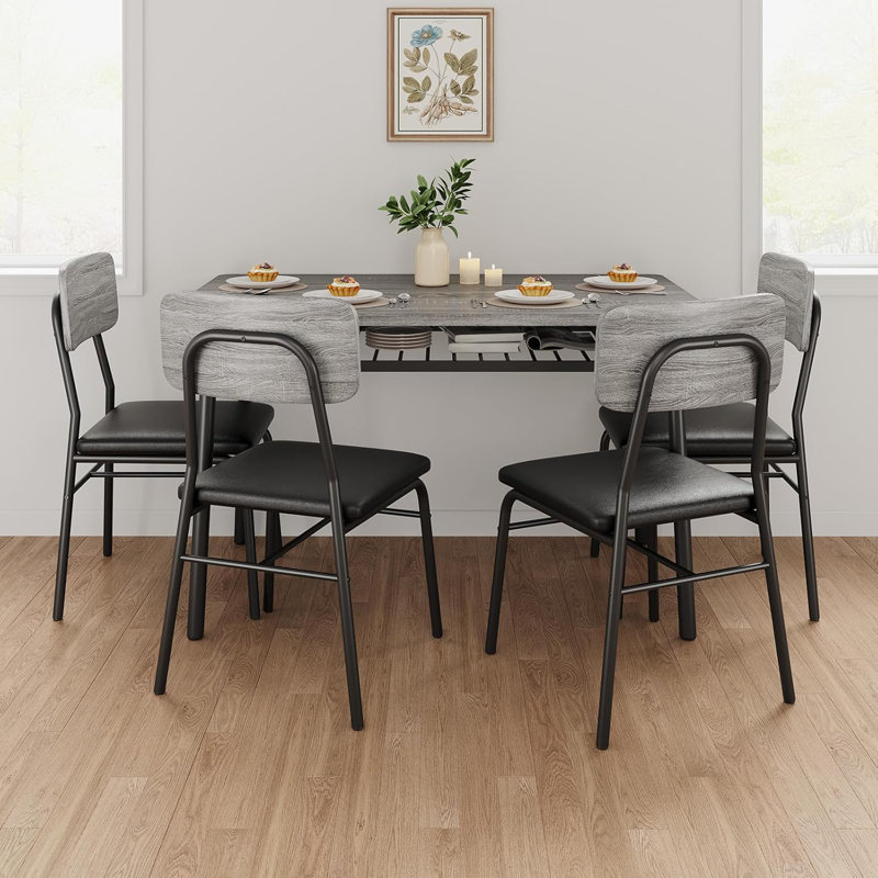 5-Piece Dining Table Set For 4 With Storage Rack, Wood Kitchen Table With Upholstered Chairs, Gray