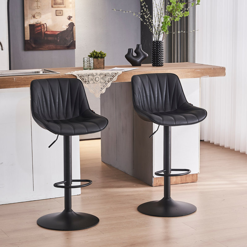 Modern Height Adjustable Swivel Bar Stools Upholstered Leather Barstool Kitchen Island Chairs with Metal Frame, Black