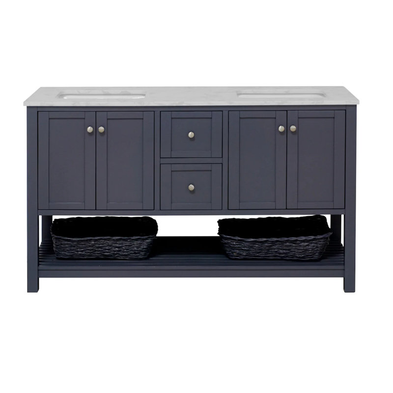 Ensemble de meuble-lavabo double 60 po Binne, Gris marine, Carrara d'ingénierie
