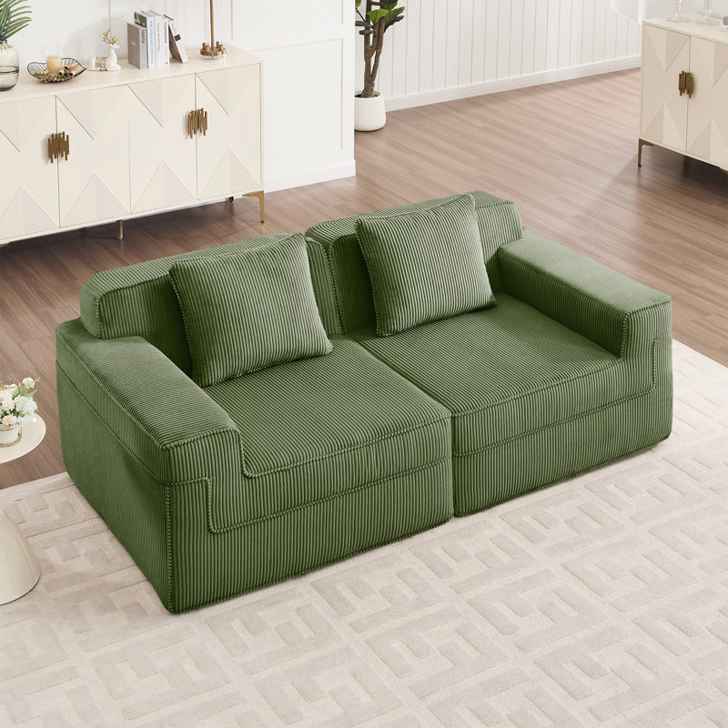 Canapé modulaire à 2 places sans siège, canapé modulaire Cloud avec assise profonde et canapé modulaire moderne à 2 places avec coussins décoratifs Tissu velours côtelé vert