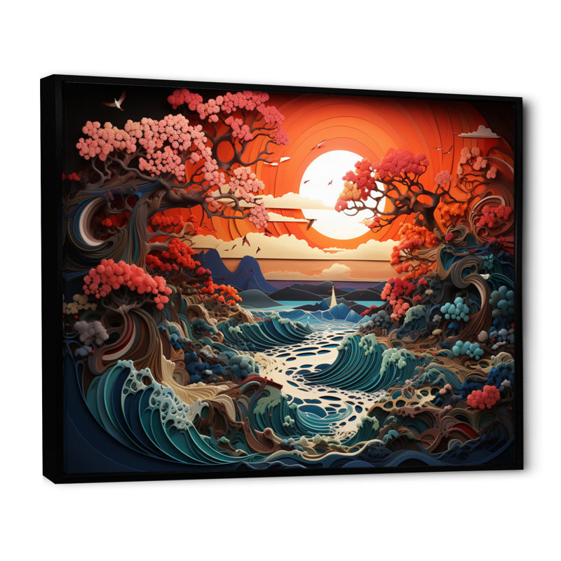 Papercut Peach Sunrise Eernal Renewal, Cadre flottant noir, H 30 po x l 40 po x P 1,5 po