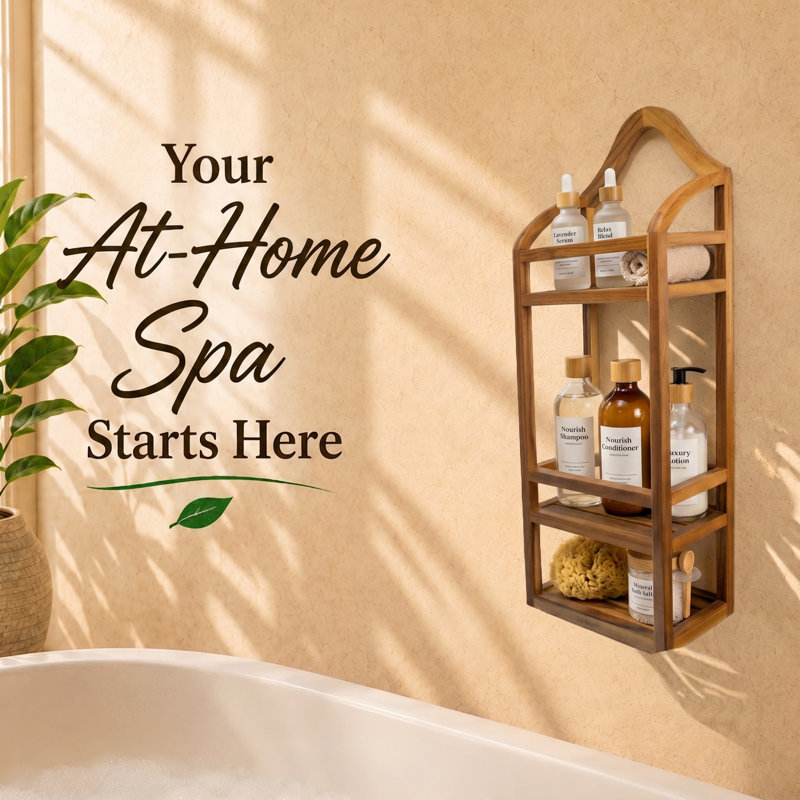 EcoDecors Teak Shower Caddy Wall Mounted Bathroom Shelf – Solid Teak Hanging Shower Organizer for Shampoo, Soap & Bath Accessories