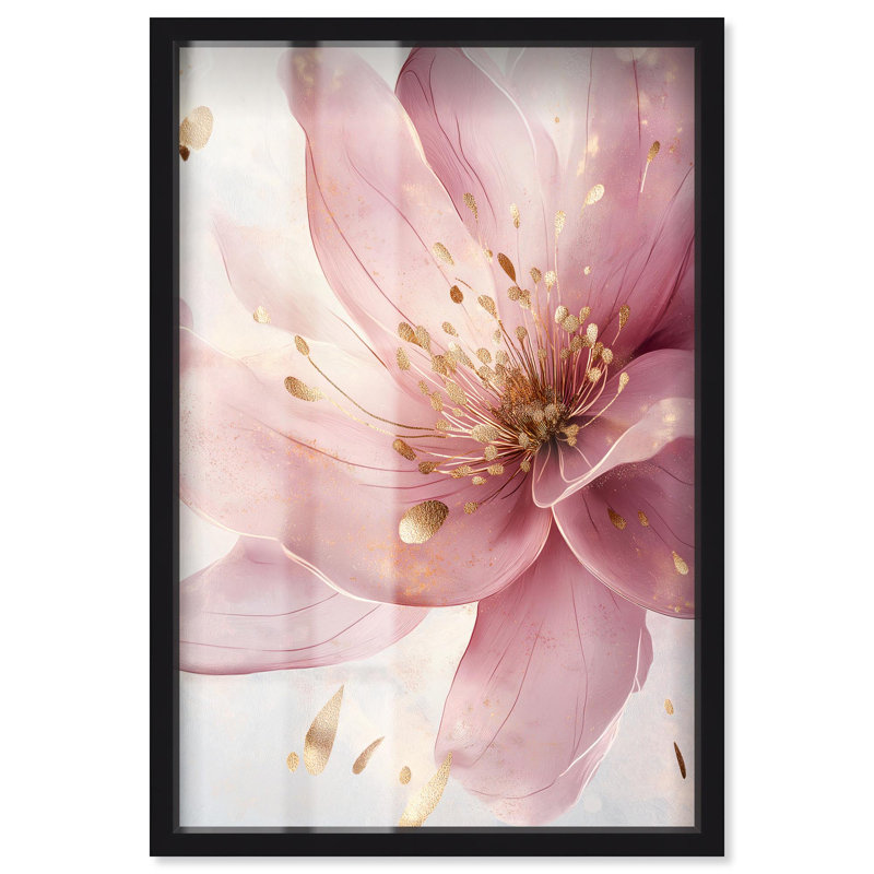 Art floral élégant, rose et doré, par Shadowbox, H 31 po x l 21 po, Noir