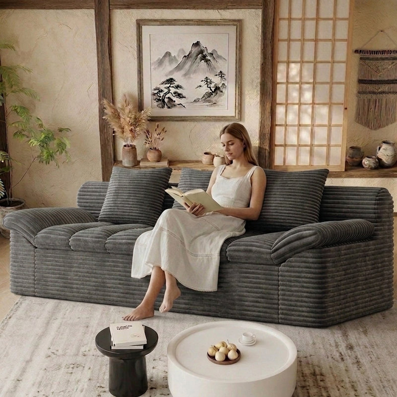 Causeuse de 71 po avec accoudoirs inclinables et coussin double 71 po., Gris foncé