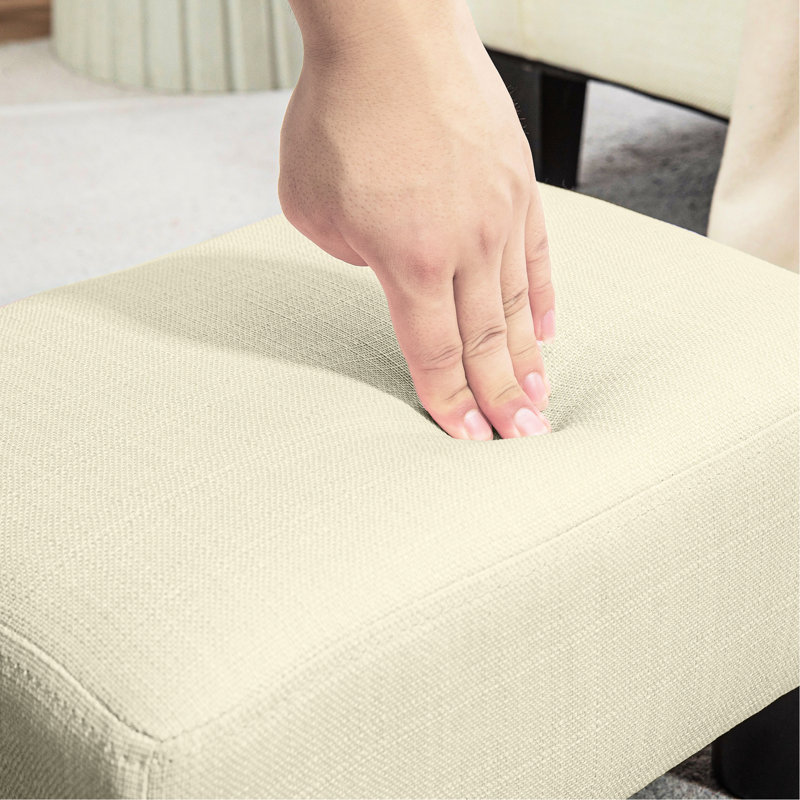 Petit tabouret beige avec repose-pieds en lin, petit pour salon