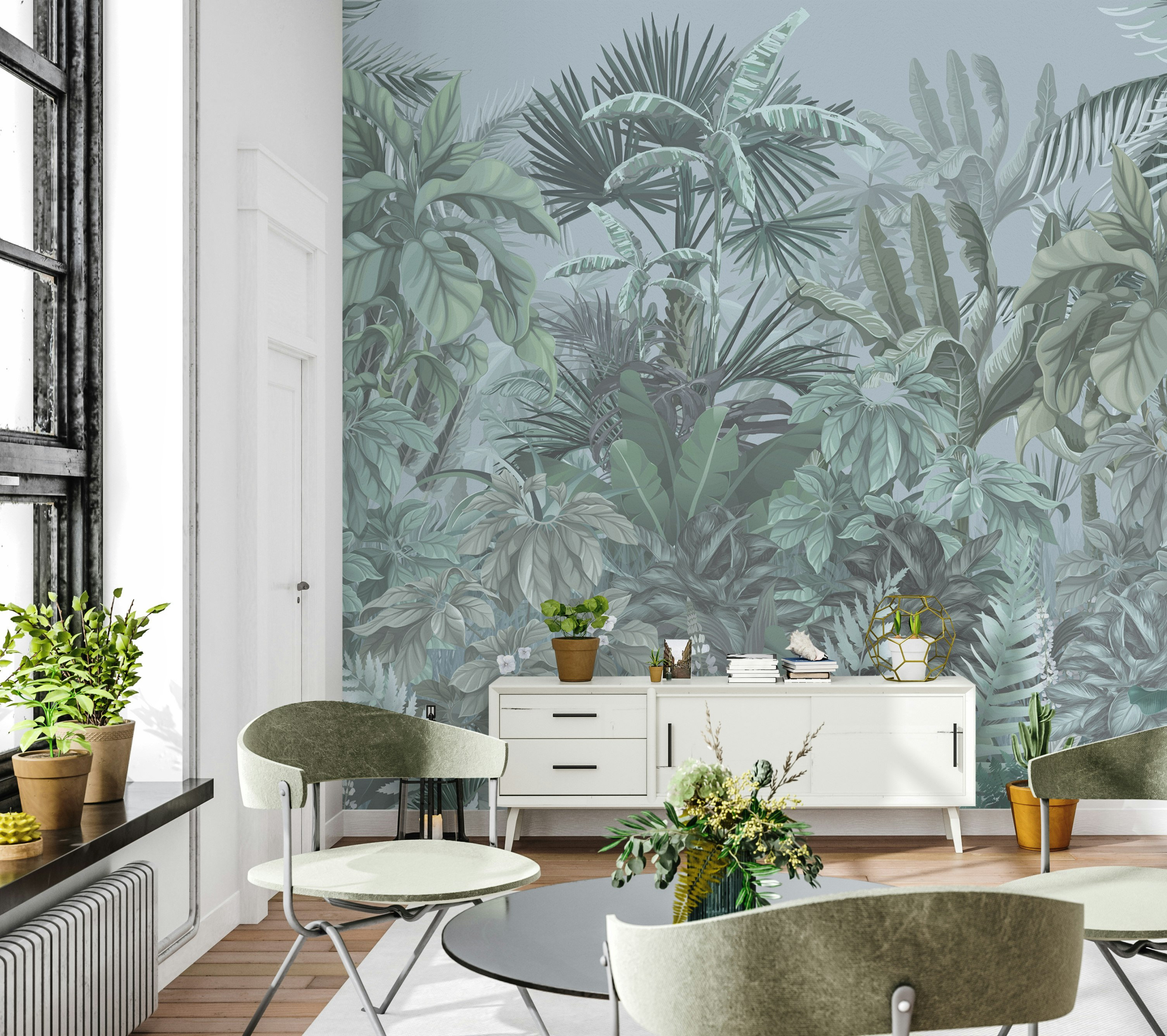 Bayou Breeze Vibrant Tropical Jungle On Blue Background Wallpaper Mural ...