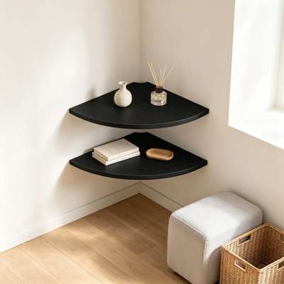 Corner Shelf Wall Mount, Wood Floating Corner Shelves with Cord Hole, Set of 2 for Bathroom, Bedroom, Kitchen, Curved Design