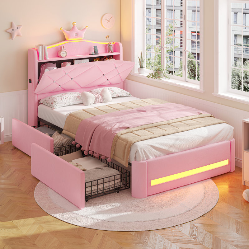 Pink Velvet Crown Princess Bed with LED Storage Headboard, 2 Drawers & Charging Station, Tufted Platform Bed Frame for Girls, No Box Spring Needed