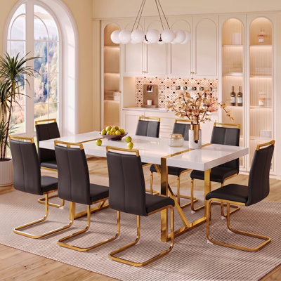 9-Piece Modern Glam Rectangular High-Gloss Dining Table Set with Faux Leather Cantilever Chairs