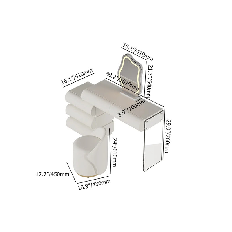 Modern White PU Leather Vanity Set with LED Mirror and Stool