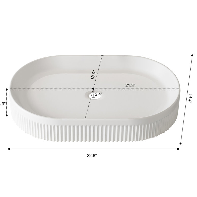22.8 - Inch Contemporary Bathroom Vanity Of White Ceramic, Oval Vessel Sink With Vertical Striped Design, Center Drain And Pop Up Drain, Splash Solution Ceramic Vanity, Body, Up, Fixture