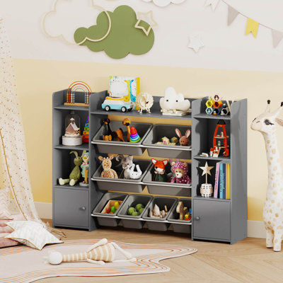 4-Tier Large Storage Cabinet with 6 Cubbies & 8 Removable Bins Bookshelf Grey