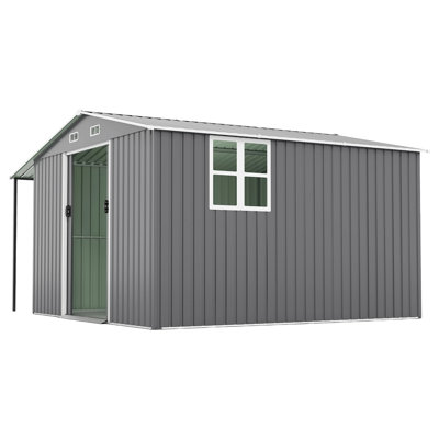 Remise de rangement extérieure 10 pi x 12 pi, très grande remise en métal pour la cour et le patio, portes coulissantes faciles d'accès, rangement maximum à deux zones, fenêtres à 4 panneaux, acier galvanisé résistant aux intempéries, gris