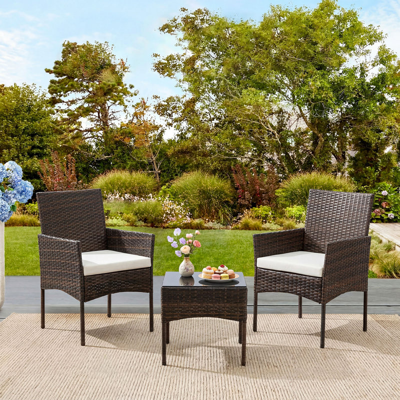 3 Piece All-Weather PE Rattan Outdoor Conversation Set with Glass Table & Cushions, Brown