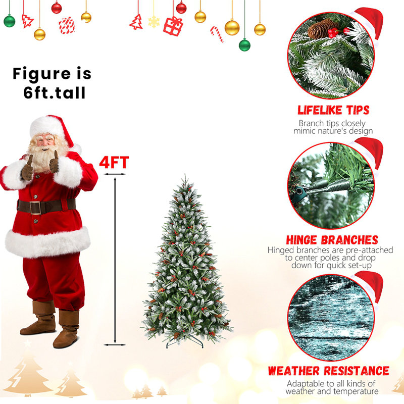 Arbre de Noël 8 pi avec 2850 pointes, baies rouges et pommes de pin - Branches PE + PVC enneigées, conception à charnières pour une installation facile, support en métal robuste - Décoration d'arbre de Noël naturelle