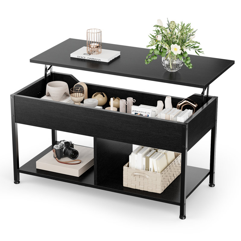 Table basse à plateau relevable avec plateau en bois, avec tablettes et compartiments de rangement, idéale pour les salons et les bureaux.