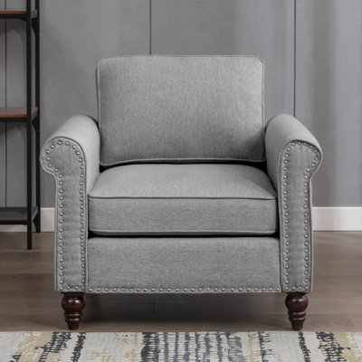 Fauteuil rembourré 30,7 po, siège simple en lin avec structure en bois, petit mobilier moderne, gris clair