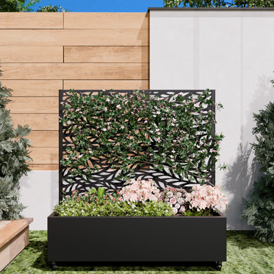 Galvanized Steel Outdoor Privacy Screen with Planter Box, Freestanding Trellis with Lockable Wheels