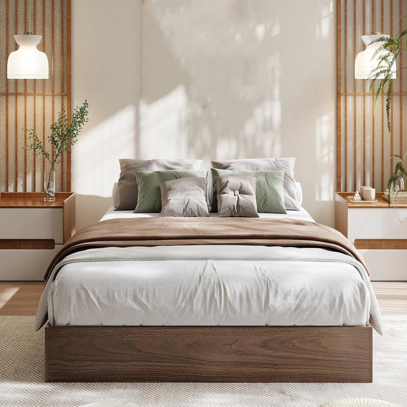 Wood Platform Bed Frame,Wooden Bed Frame Without Headboard, Wood Slat Support, Full / Double, Walnut Wood