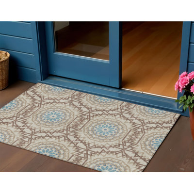 Tapis intérieur / extérieur 3 pi x 5 pi brun et taupe à motif floral médaillon lavable
