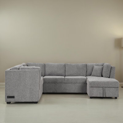 109" U-shaped Pull Out Sleeper Sectional Sofa Bed With USB Ports by Hokku Designs