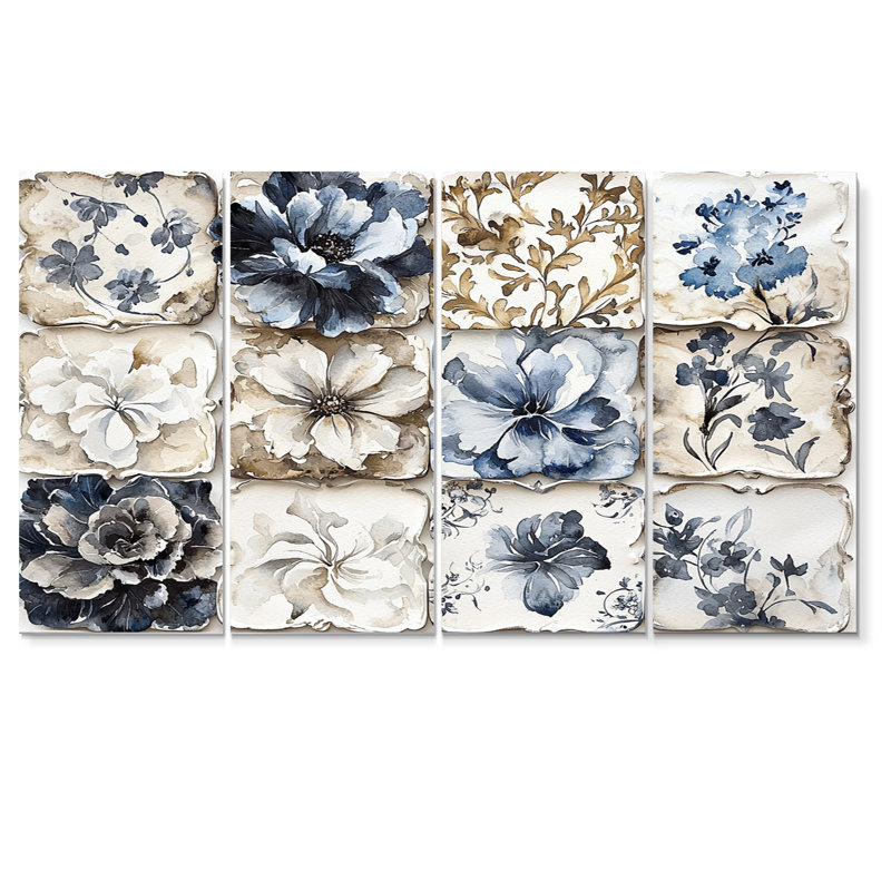 «White and Blue Floral Abstract Tiles IV - Boho Tiles», ensemble d'art mural, H 28 po x l 48 po