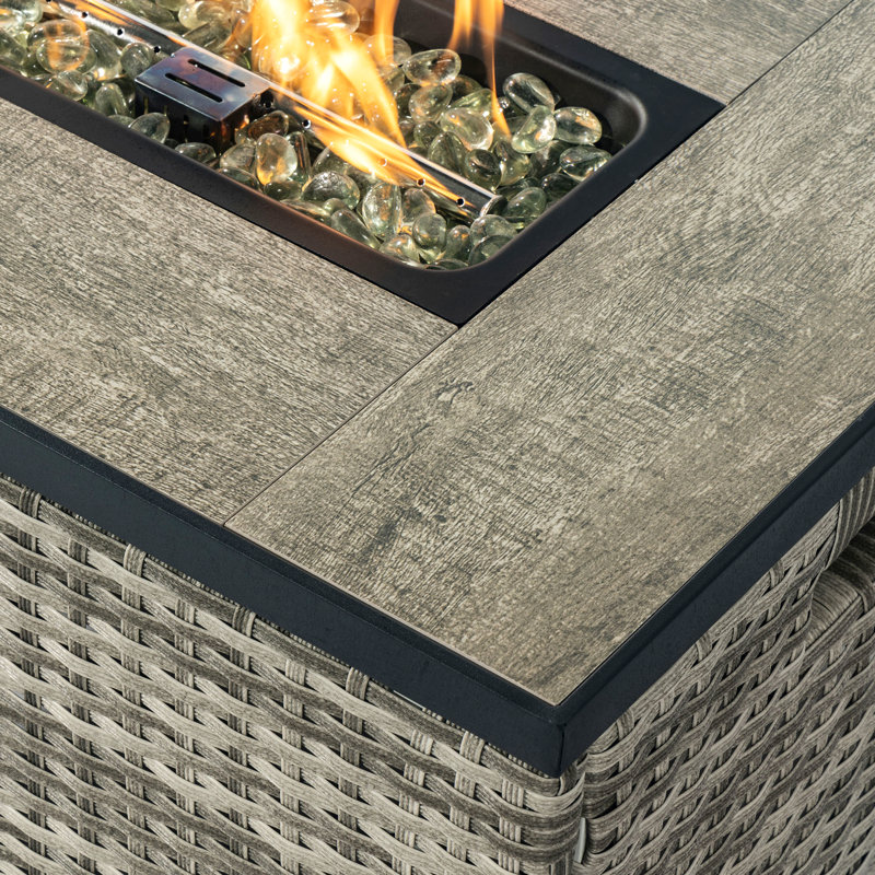 Propane Gas Fire Pit Table With Propane Tank Cover, 50000 BTU Rectangular Steel Fire Pit With Beautiful Wicker Base, Beige