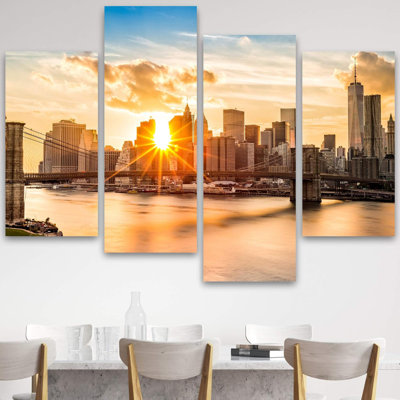 Architecture Building " Sunrise Brooklyn Bridge Skyline Cityscape Living Room Bedroom Home Office Extra Large Wall Decor " 4 - Pieces