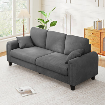 Modern 85inch 3-seater Waffle sofa with 2 throw pillows,Solid Wood Frame Comfy Couch for Apartment Small Space