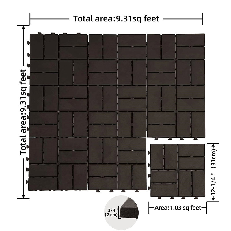 Ensemble de 36 tuiles de terrasse à emboîtement de patio, tuiles de terrasse carrées composites de 12 po x 12 po, quatre tuiles de plancher en plastique pour l'extérieur pour terrasse