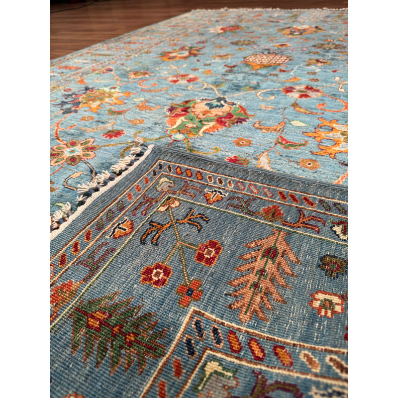 Tapis bleu original en laine et coton noué à la main
