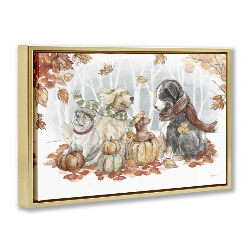 «Autumn Fun Dogs» par Mary Urban, Cadre flottant métallique doré, H 21 po x l 31 po